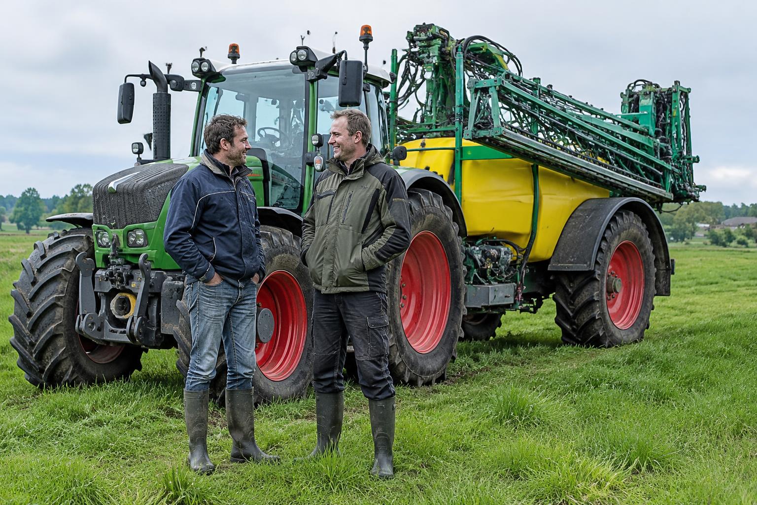 Twee boeren samen bij een veldspuit